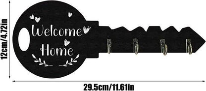 4-Hook Key-Shaped MDF Wall Key Rack, Black Welcome Home Coat and Bag Organizer, 29.5 x 12 cm