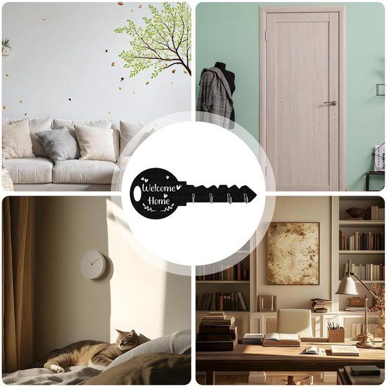 4-Hook Key-Shaped MDF Wall Key Rack, Black Welcome Home Coat and Bag Organizer, 29.5 x 12 cm