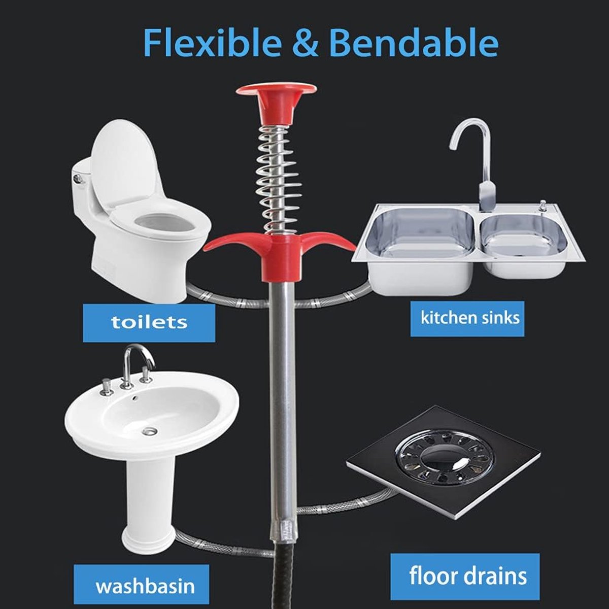 Sink plunger - Flexible drain cleaner - Gripper with 4 claws - For kitchen sink and bath - Retractable poles (160 cm)