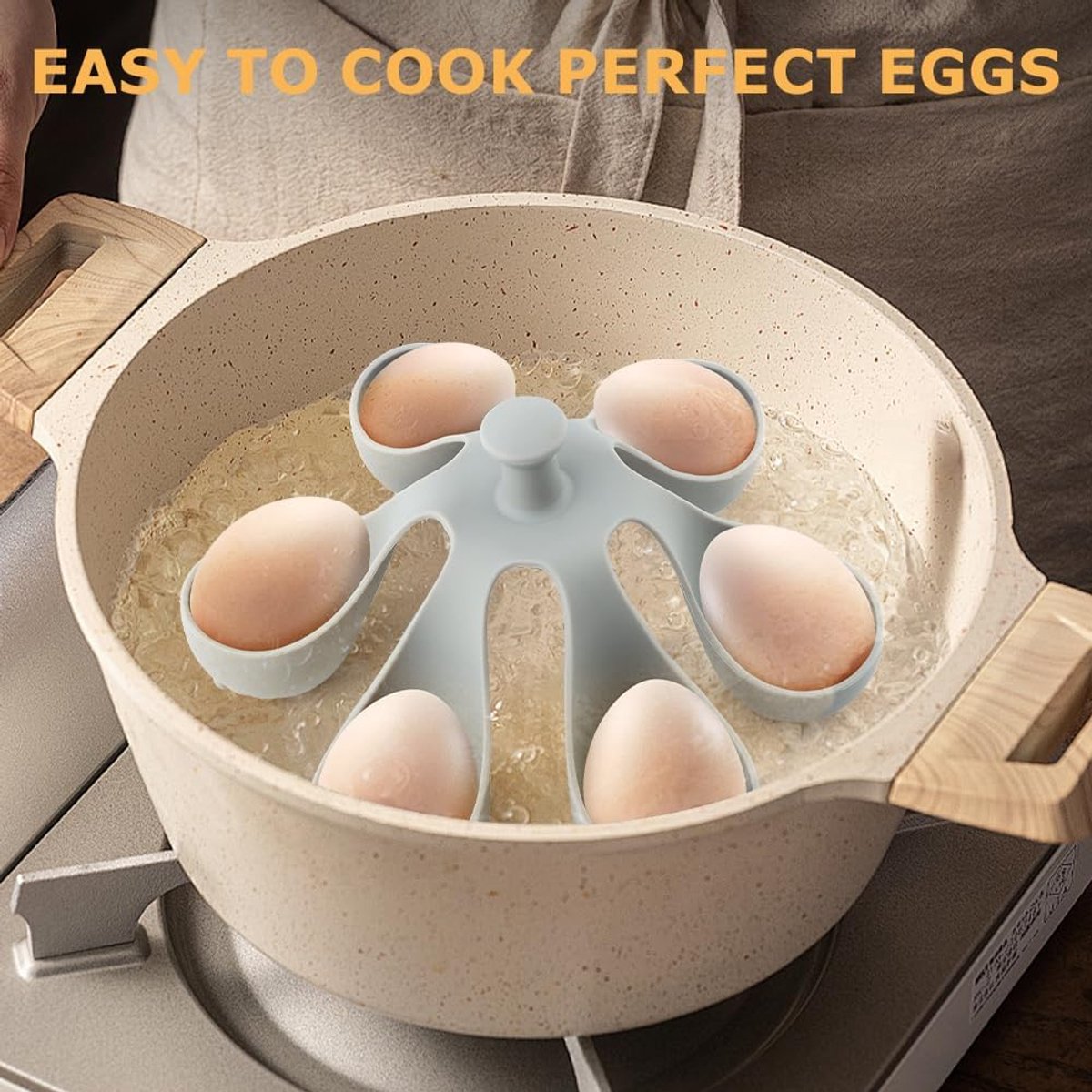 Egg Cooker - Holds 6 Eggs - Fast Cooking & Safe Handle - Fridge Storage Rack - For Family and Kitchen