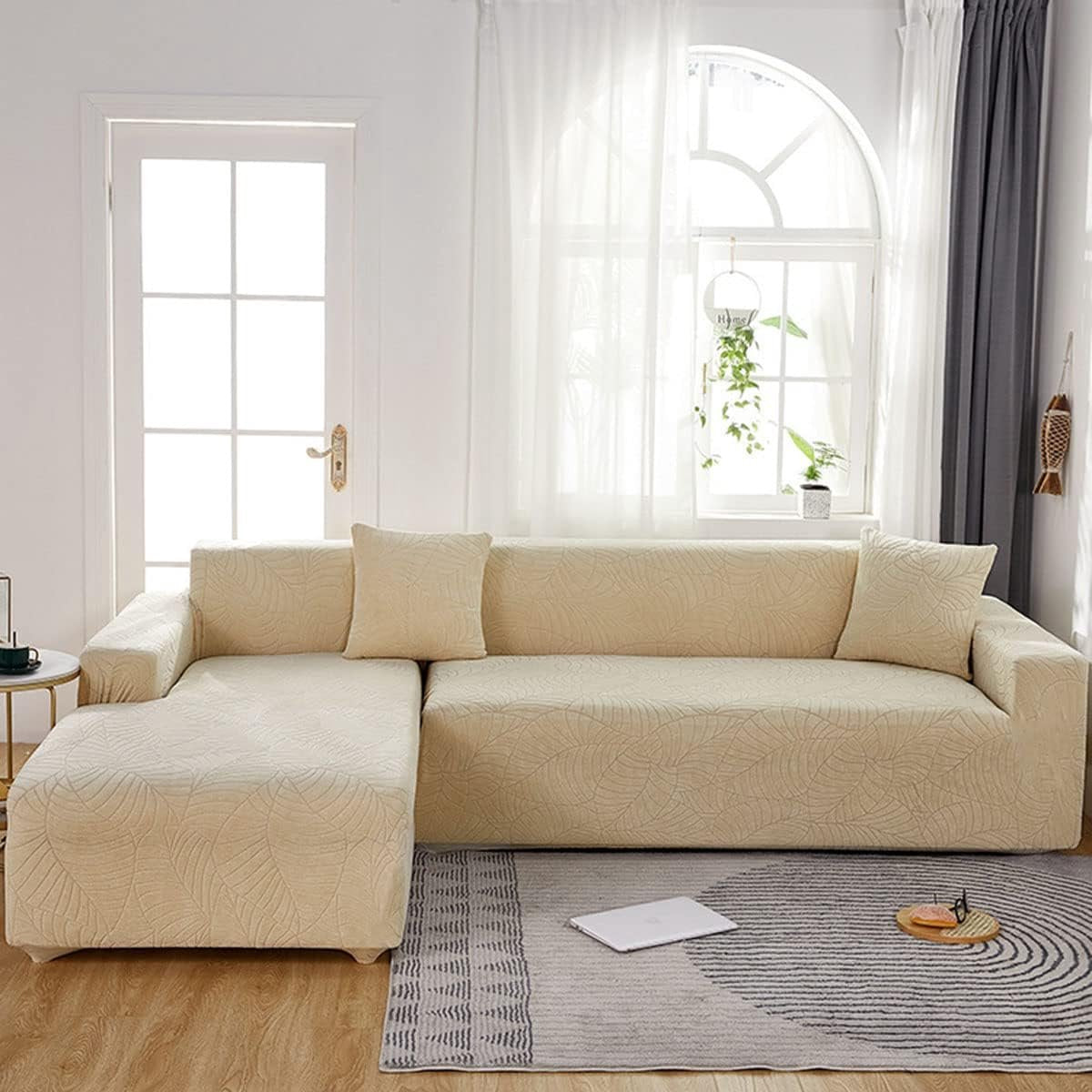 Waterproof sofa cover - Beige jacquard leaf pattern - For 3-seater sofa (185-230 cm)
