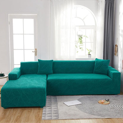 Waterproof sofa cover - Bright green jacquard leaf pattern - For 4-seater sofa (235-300 cm)