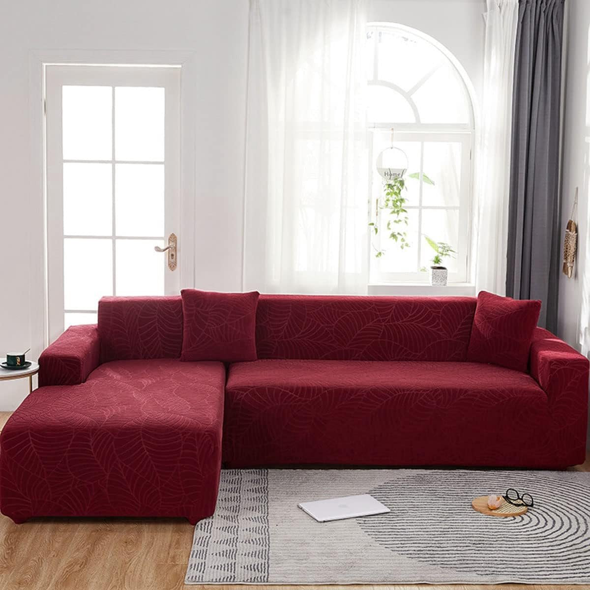 Waterproof sofa cover - Wine red jacquard leaf pattern - For single sofa (90-140 cm)