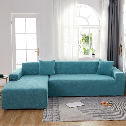 Waterproof sofa cover - Bright blue jacquard leaf pattern - For 3-seater sofa (185-230 cm)