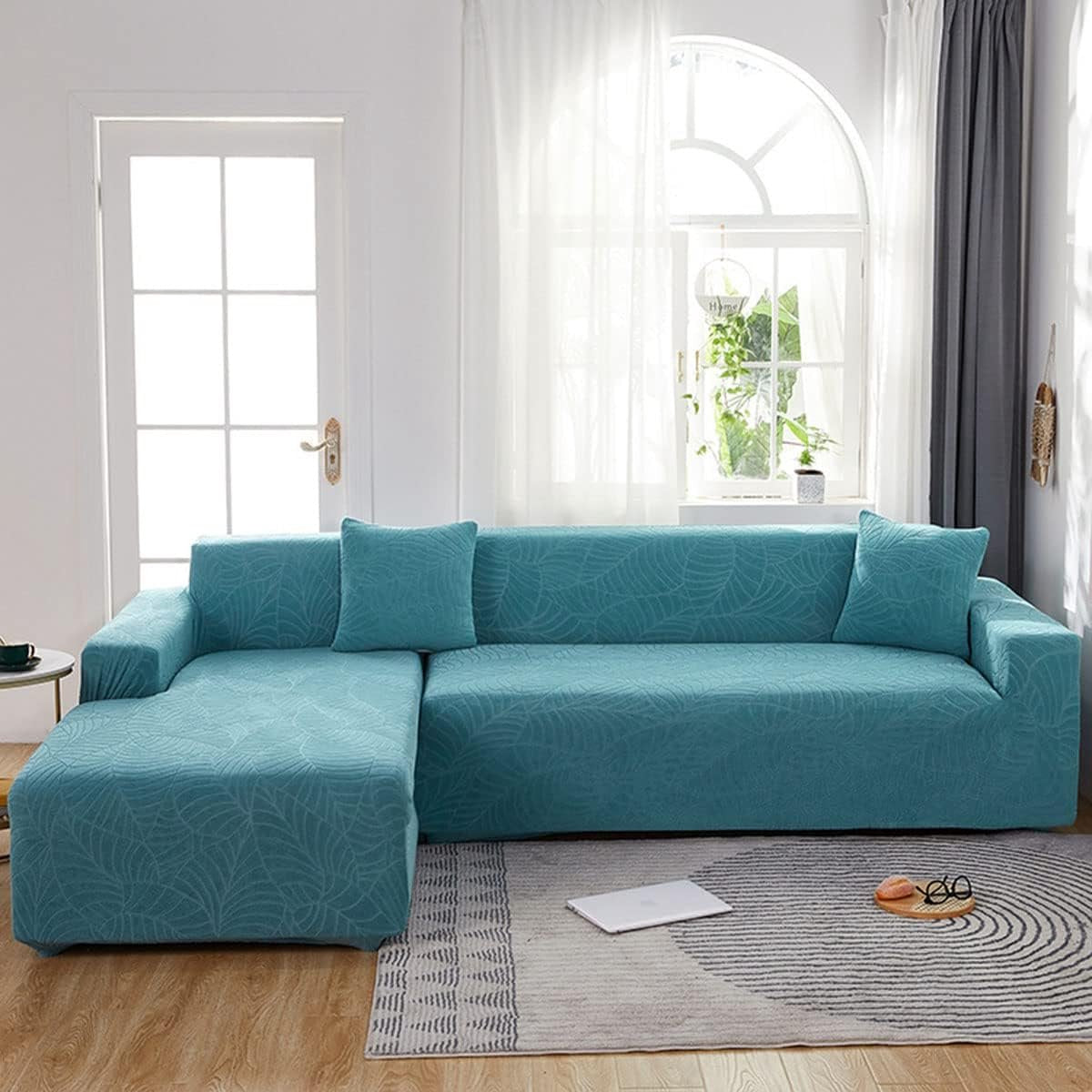 Waterproof sofa cover - Bright blue jacquard leaf pattern - For single sofa (90-140 cm)