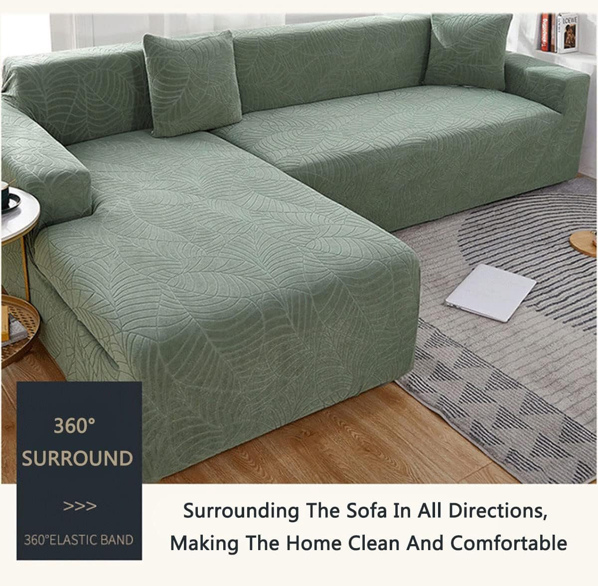 Waterproof sofa cover - Bright green jacquard leaf pattern - For 3-seater sofa (185-230 cm)