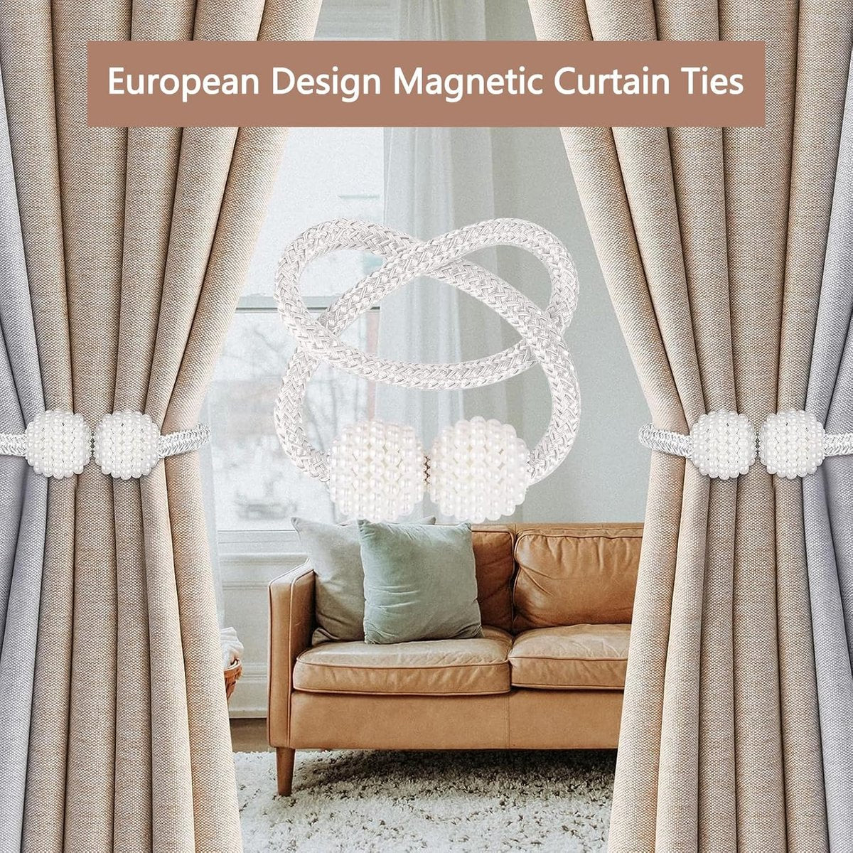 Curtain Tieback - Magnetic Curtain Cord - 4 Pieces - Super Strong Magnetism - Curtain Holder - Curtain Tie - Curtain Holder Clamps - Curtain Ties - Curtain Clamps - Curtain Clips - Accessories - Curtain Holder - Grey - No Drilling Required