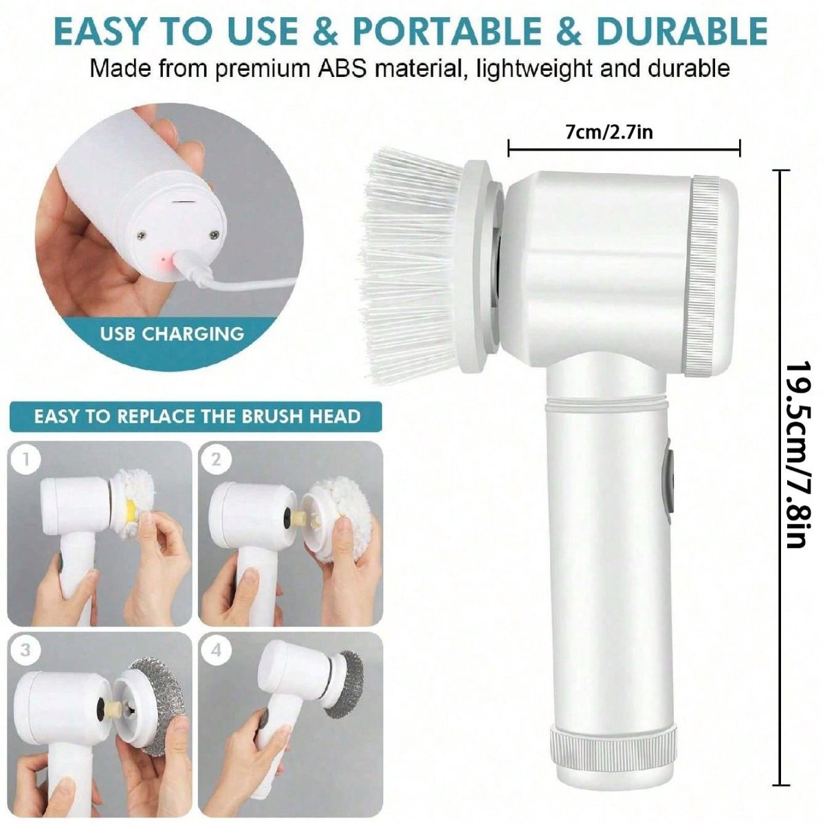 Electric Cleaning Brush - Electric Scrubber - Rechargeable and Cordless Scrubber - Scrubber with Handle - Mini - Polishing Machine - Scrubber Brush - For Bathroom, Kitchen, Dishes, Sink - 7 Attachments - Includes Wall Holder