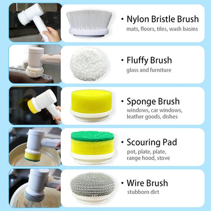 Electric Cleaning Brush - Electric Scrubber - Rechargeable and Cordless Scrubber - Scrubber with Handle - Mini - Polishing Machine - Scrubber Brush - For Bathroom, Kitchen, Dishes, Sink - 7 Attachments - Includes Wall Holder
