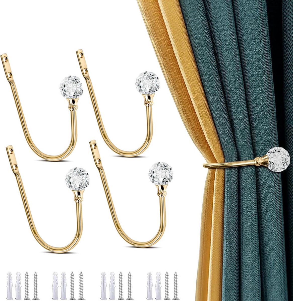 Curtain Tiebacks - 4-Piece Curtain Holders - High Quality - Curtain Tieback Hook - Tiebacks for Curtains - Curtain Bracket - Curtain Tie - For Curtains - Curtain Accessories - Drilling & Installation - Robust and Durable - Gold