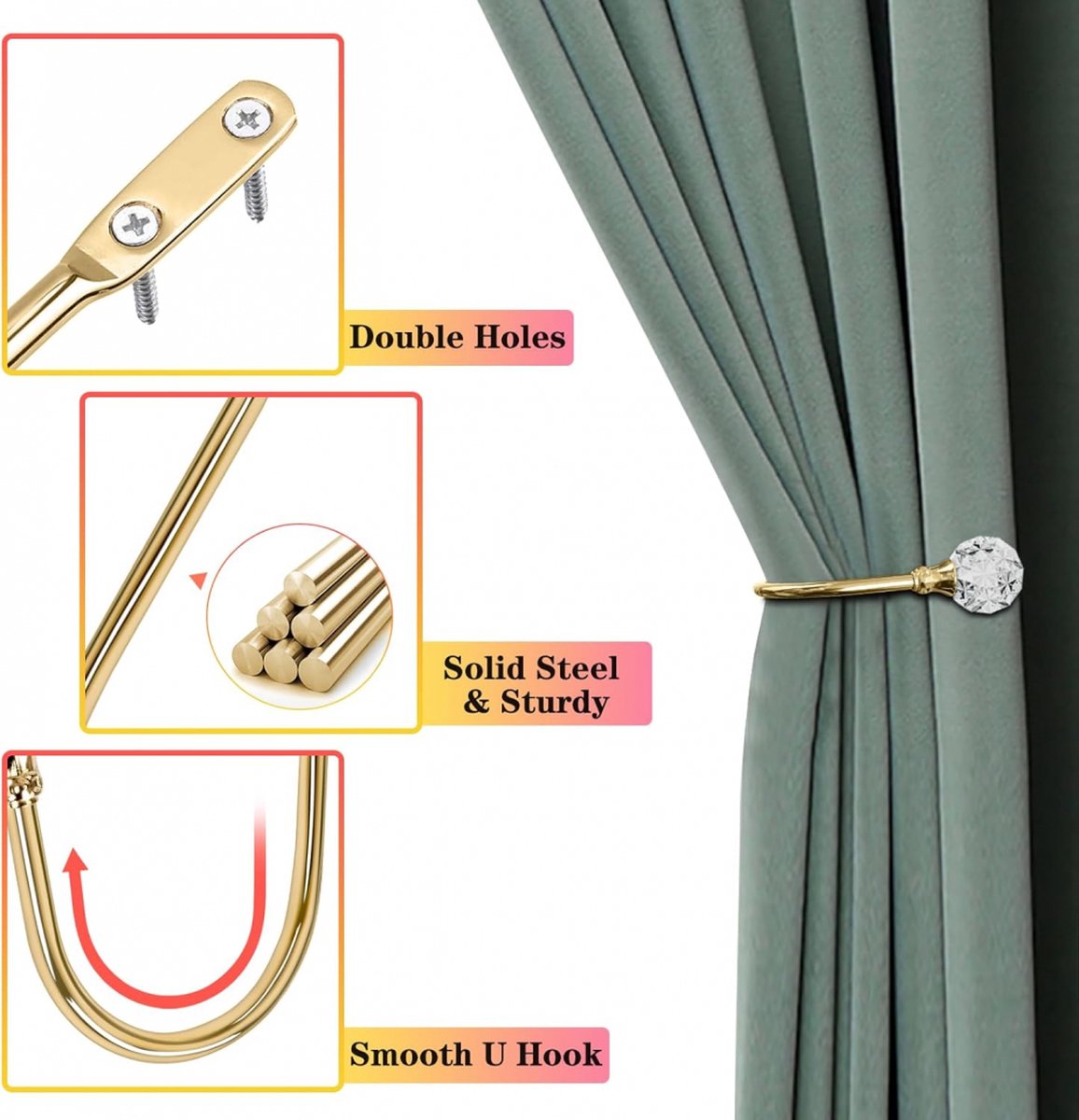 Curtain Tiebacks - 4-Piece Curtain Holders - High Quality - Curtain Tieback Hook - Tiebacks for Curtains - Curtain Bracket - Curtain Tie - For Curtains - Curtain Accessories - Drilling & Installation - Robust and Durable - Gold