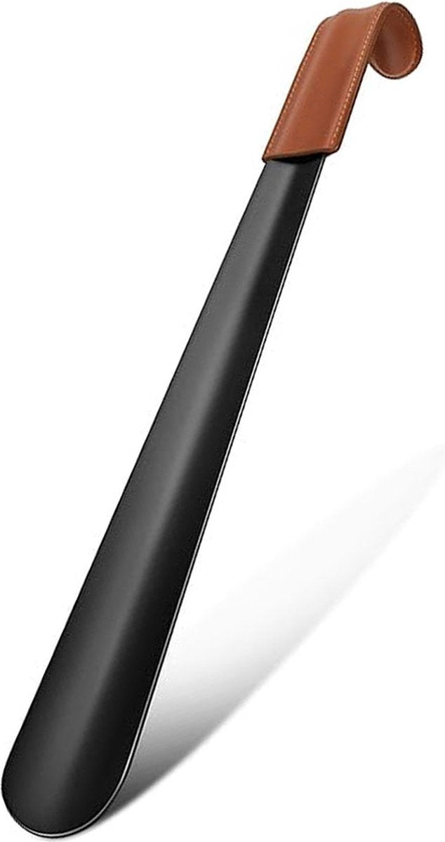 Long Shoehorn - 42cm - Stainless Steel - Shoe Puller - Shoe Horn - Leather Handle - With Leather Pouch - Durable and Extra Strong - Easy to Put On Shoes - Can Be Hung - Black