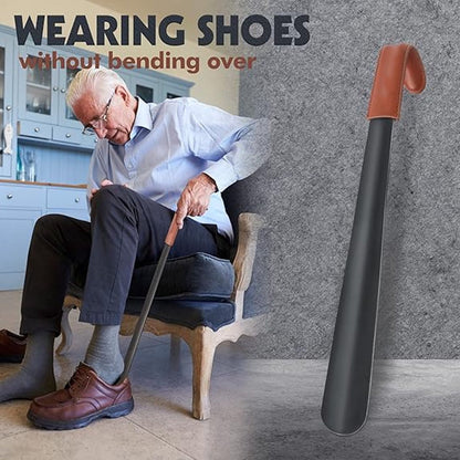 Long Shoehorn - 42cm - Stainless Steel - Shoe Puller - Shoe Horn - Leather Handle - With Leather Pouch - Durable and Extra Strong - Easy to Put On Shoes - Can Be Hung - Black