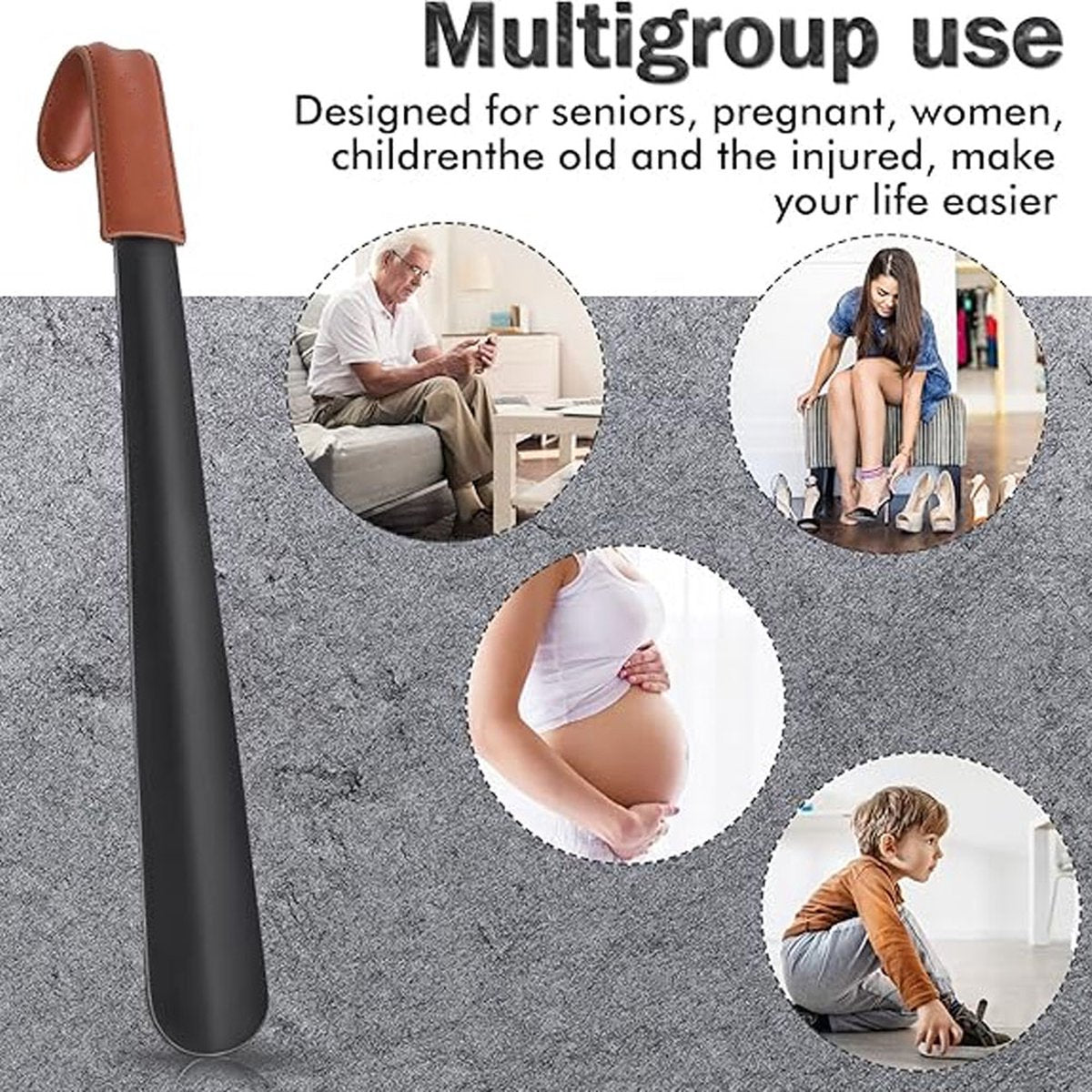 Long Shoehorn - 42cm - Stainless Steel - Shoe Puller - Shoe Horn - Leather Handle - With Leather Pouch - Durable and Extra Strong - Easy to Put On Shoes - Can Be Hung - Black