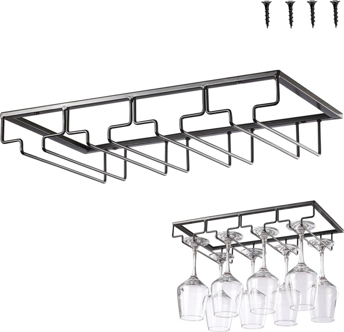 Wine Glass Holder - Wine Glass Hanging Rack - Wine Glass Rack - Glass Rack - Wine Glass Holder - Wine Rack - 4 Rows - Wine Glass Holder - Wine Glass Rack - Wine Glass Organizer - Glass Hanging Rack - For Bar, Kitchen and Cafe - Black - Includes Mounting H