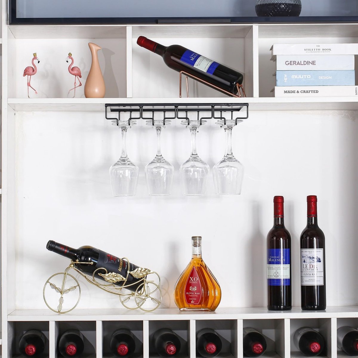 Wine Glass Holder - Wine Glass Hanging Rack - Wine Glass Rack - Glass Rack - Wine Glass Holder - Wine Rack - 4 Rows - Wine Glass Holder - Wine Glass Rack - Wine Glass Organizer - Glass Hanging Rack - For Bar, Kitchen and Cafe - Black - Includes Mounting H