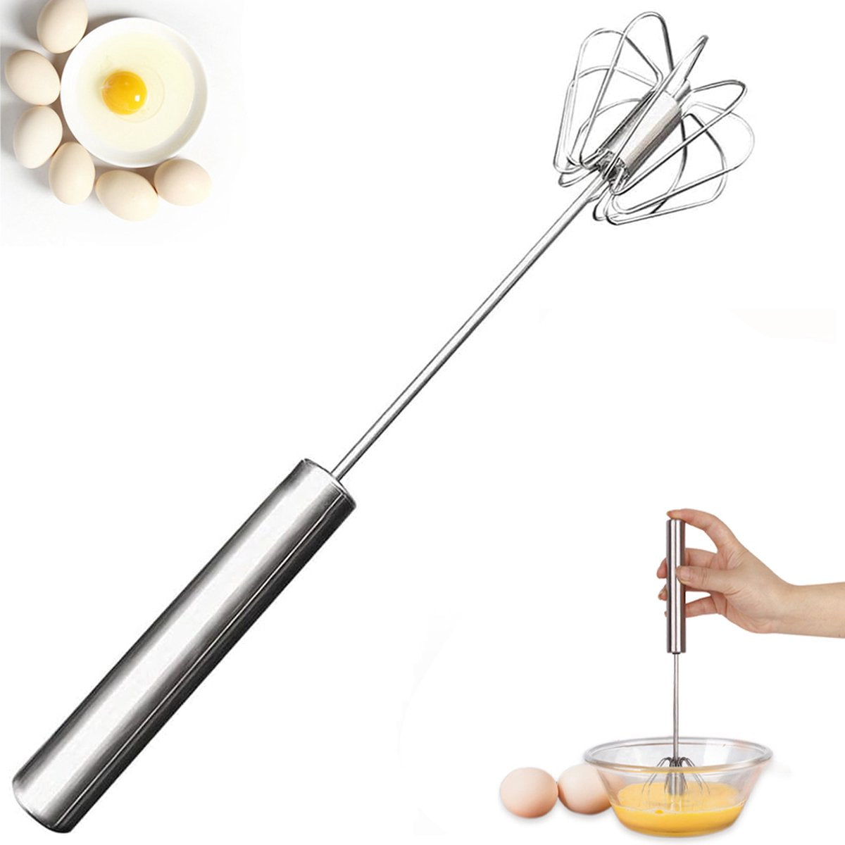 Egg Beater - Egg Whisk - Semi-Automatic Stainless Steel Whisk - Batter Beater - Whipped Cream Whisk - Mini Whisk - Immersion Blender - Mixer - Manual - for baking in the kitchen - Silver - Stainless Steel