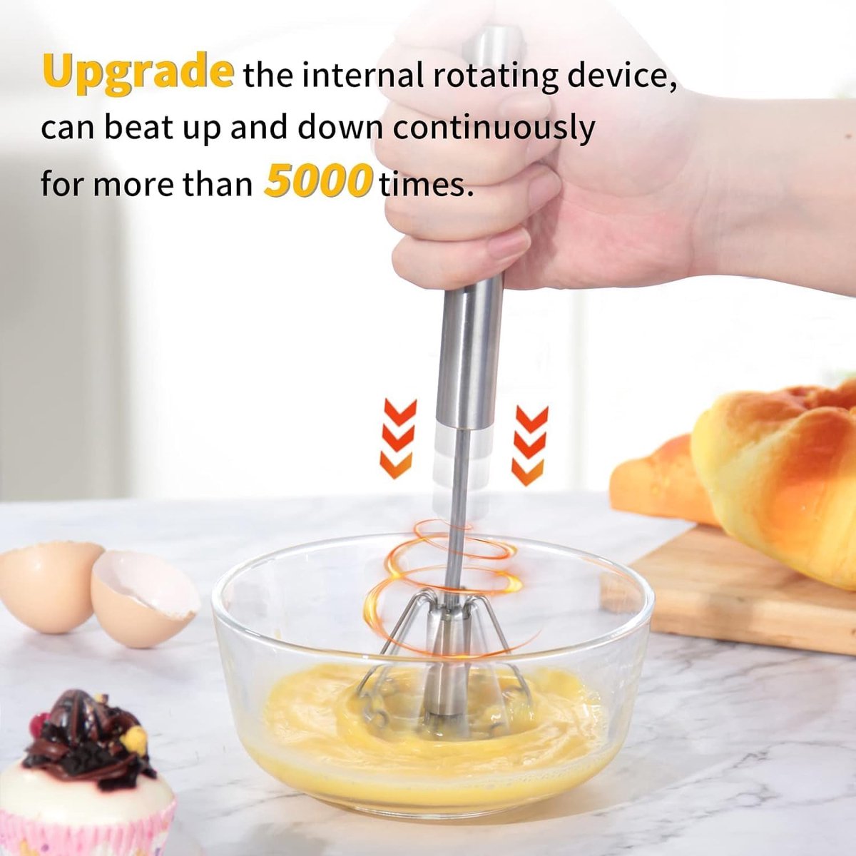 Egg Beater - Egg Whisk - Semi-Automatic Stainless Steel Whisk - Batter Beater - Whipped Cream Whisk - Mini Whisk - Immersion Blender - Mixer - Manual - for baking in the kitchen - Silver - Stainless Steel