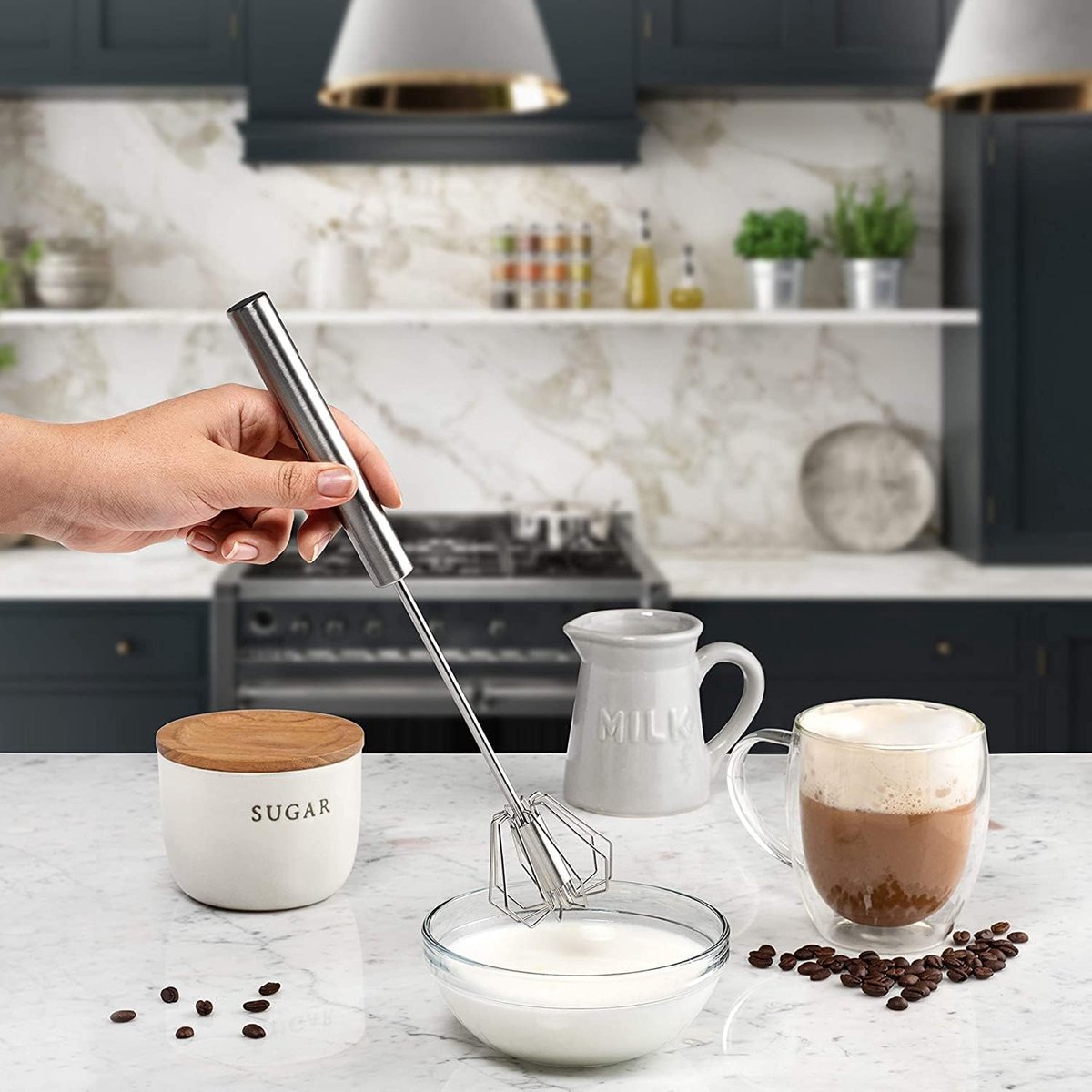 Egg Beater - Egg Whisk - Semi-Automatic Stainless Steel Whisk - Batter Beater - Whipped Cream Whisk - Mini Whisk - Immersion Blender - Mixer - Manual - for baking in the kitchen - Silver - Stainless Steel