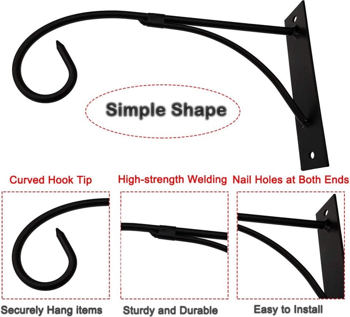 Set of 2 - Hanging Pot - Plant Hanger - Wall Hook - Flower Pot Hanging Hooks - Outdoor Balcony Accessories - Garden/Home Hanging Decoration - Hanging Basket Hook - Metal - Black