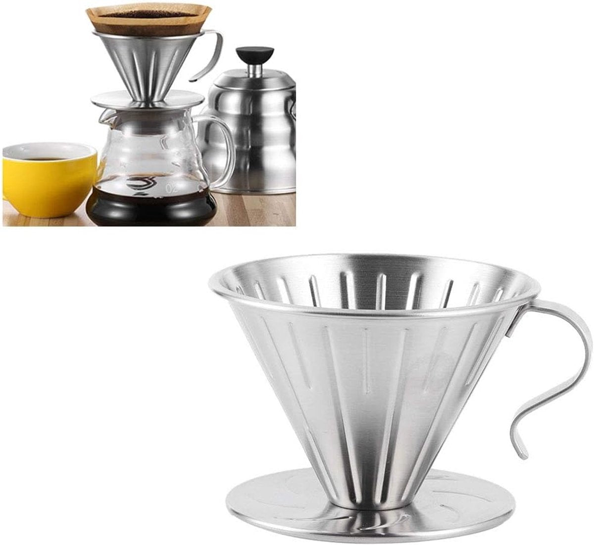 Pour Over Coffee Dripper - Stainless Steel Metal - Reusable - Cone Coffee Filter - Slow Brew Accessories for Home Cafe Restaurants
