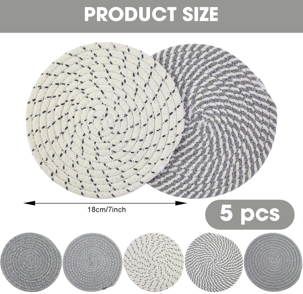 5 pieces - Coasters - 18 cm - Round Coasters - Heat-resistant coaster - Pot coasters - Vase mat - Table accessories - for hot dishes, pots and pans - for kitchen, furniture, countertops and table coasters - grey