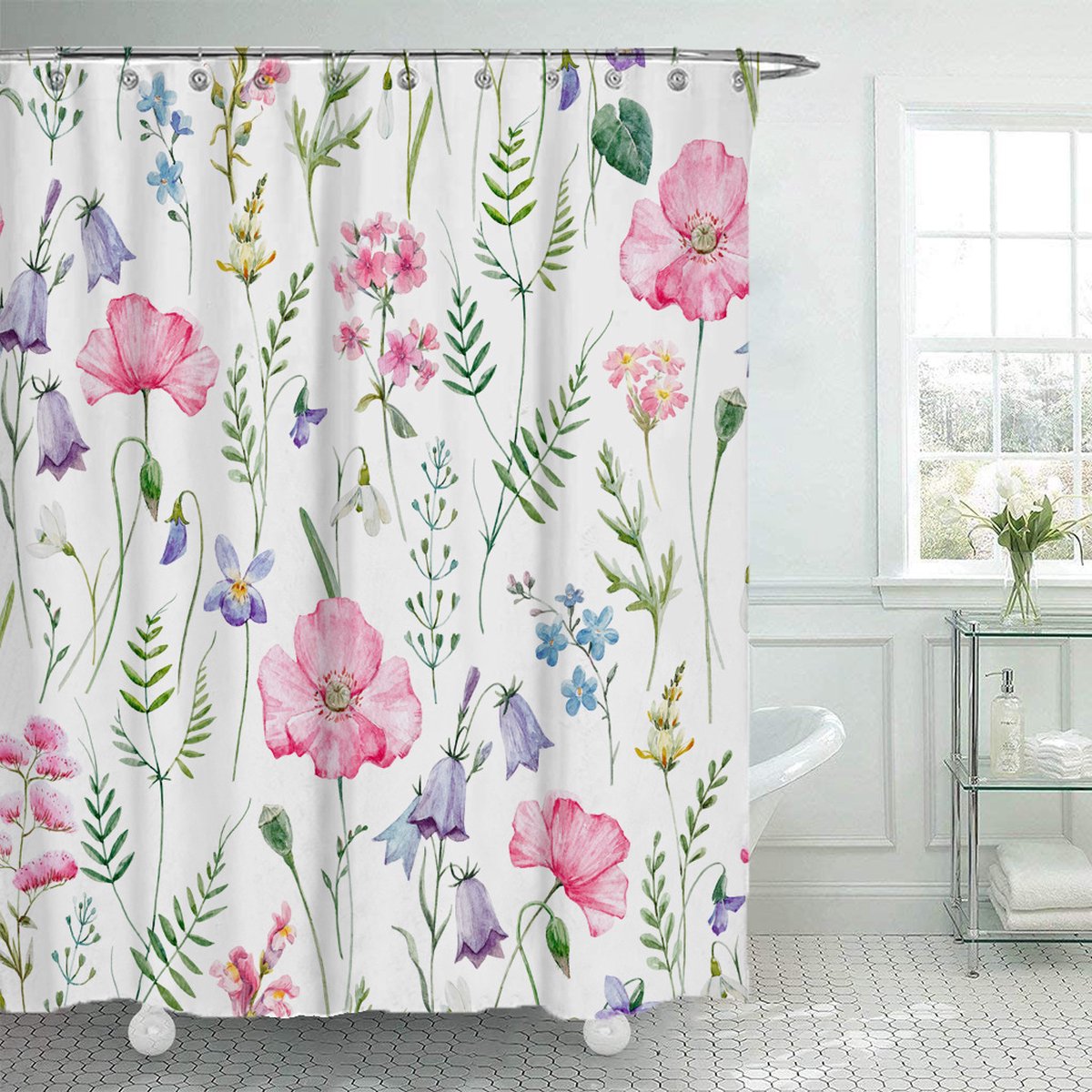 Shower curtain - 90x180cm - Watercolor Flower Plant Tropical Leaf - Polyester - Color - Printed - Anti-mold - Waterproof