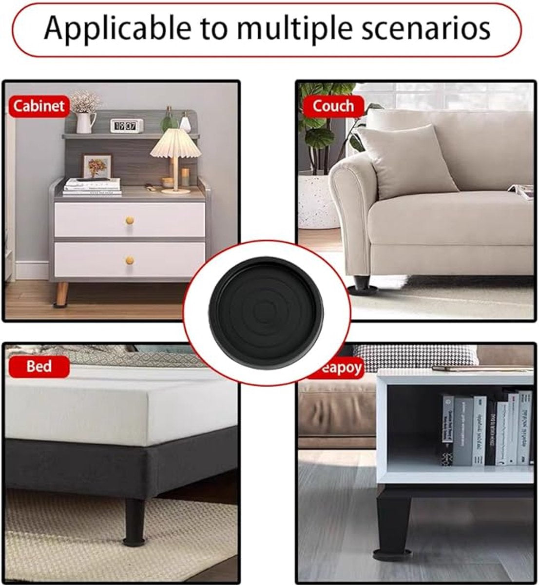 4 Pieces - Non-Slip Furniture Pads - Rubber - Black - Round - For Floor and Furniture Protection - For Bed Sofa Stoppers - 75*75*9mm