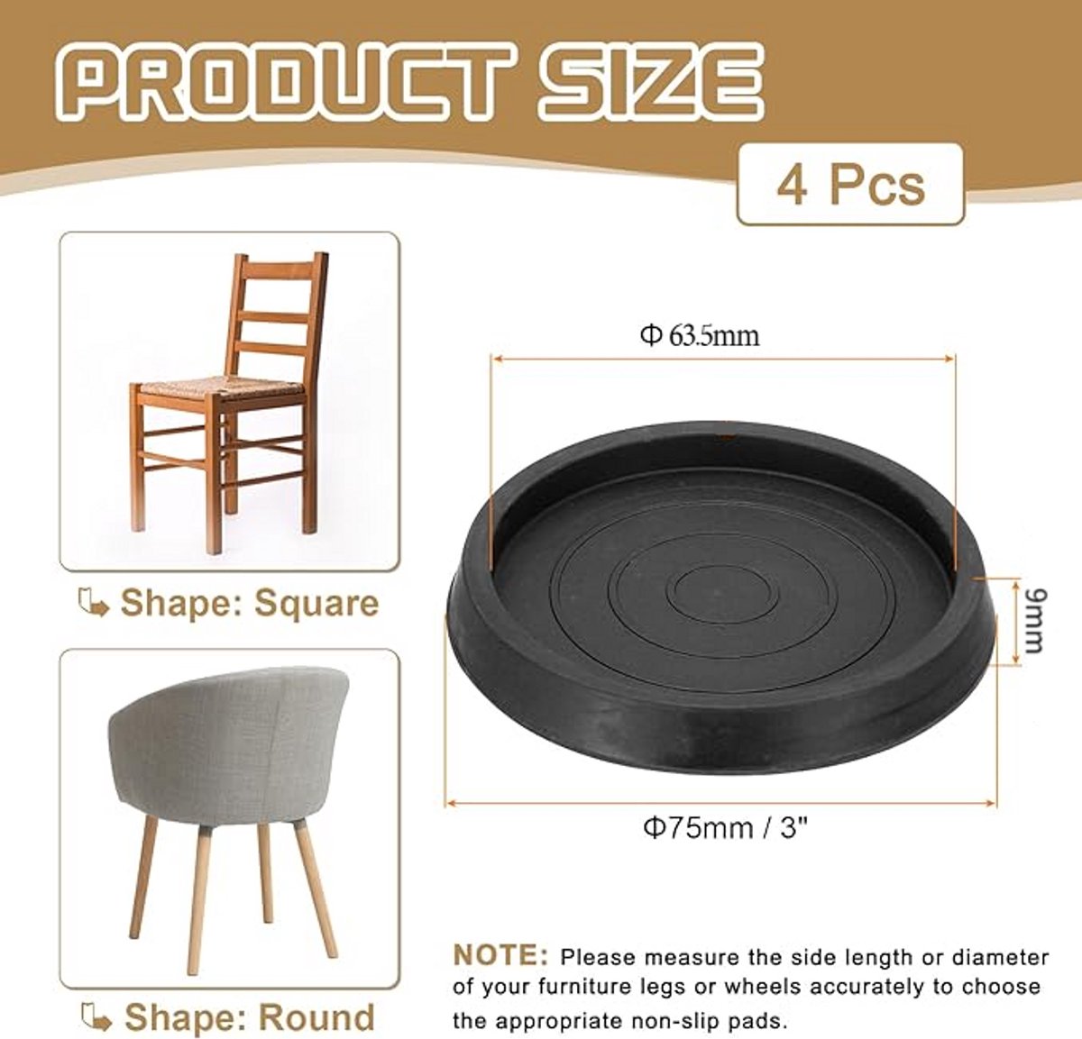 4 Pieces - Non-Slip Furniture Pads - Rubber - Black - Round - For Floor and Furniture Protection - For Bed Sofa Stoppers - 75*75*9mm