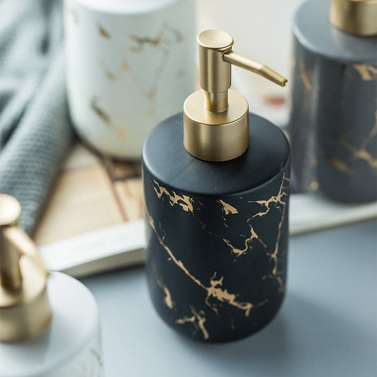 Soap dispensers - Soap dispensers - Freestanding soap dispenser - Kitchen - Bathroom - Toilet - 300 ml - Kitchen accessories - Freestanding and refillable - black and gold - Marbled matt - ceramic - 8*19cm