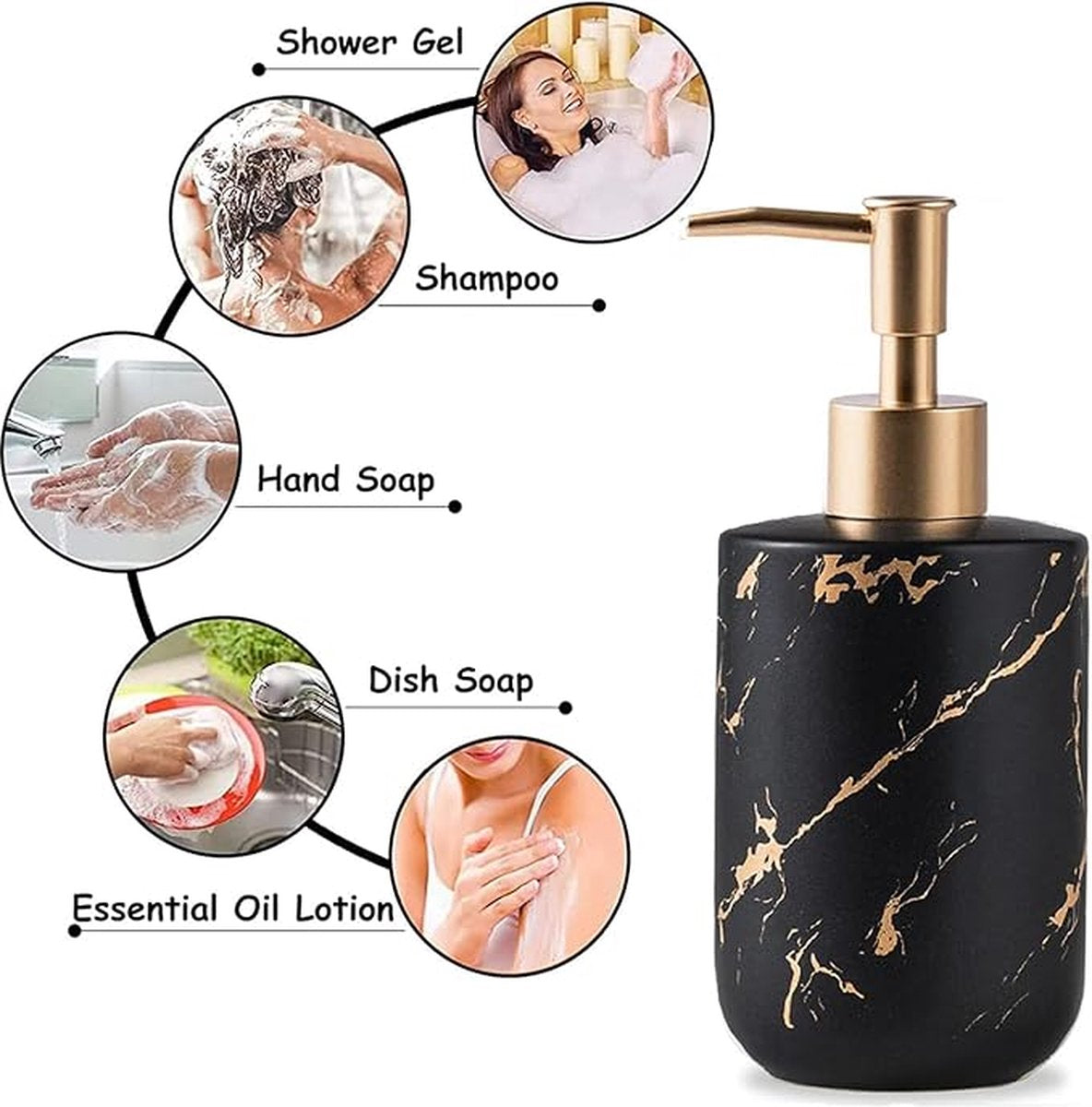 Soap dispensers - Soap dispensers - Freestanding soap dispenser - Kitchen - Bathroom - Toilet - 300 ml - Kitchen accessories - Freestanding and refillable - black and gold - Marbled matt - ceramic - 8*19cm