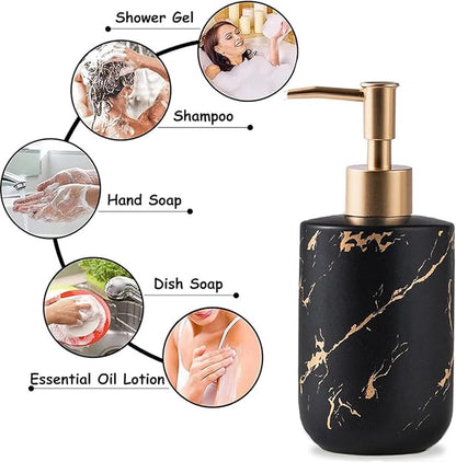 Soap dispensers - Soap dispensers - Freestanding soap dispenser - Kitchen - Bathroom - Toilet - 300 ml - Kitchen accessories - Freestanding and refillable - black and gold - Marbled matt - ceramic - 8*19cm
