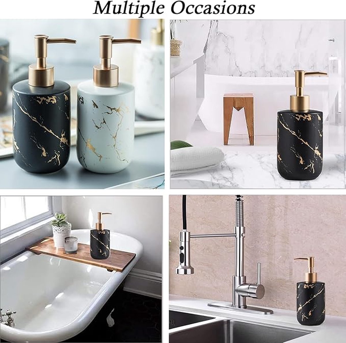 Soap dispensers - Soap dispensers - Freestanding soap dispenser - Kitchen - Bathroom - Toilet - 300 ml - Kitchen accessories - Freestanding and refillable - black and gold - Marbled matt - ceramic - 8*19cm