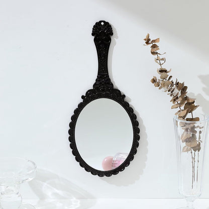 Hand Mirror with Handle - Make-up Mirror - Make-up Mirror - Oval Mirror - Travel Mirror - 12 x 10 cm Mirror Surface - Shaving Mirror - Hairdressing Mirror - Black - Plastic Handle