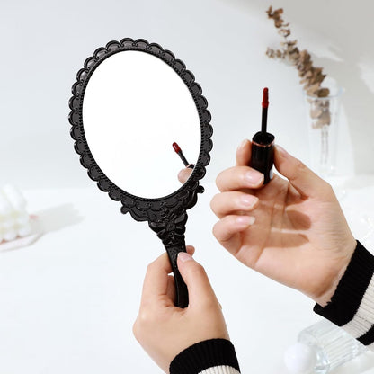 Hand Mirror with Handle - Make-up Mirror - Make-up Mirror - Oval Mirror - Travel Mirror - 12 x 10 cm Mirror Surface - Shaving Mirror - Hairdressing Mirror - Black - Plastic Handle