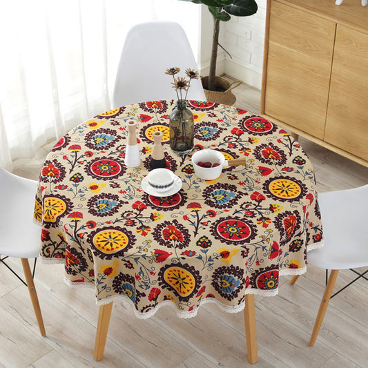 Tablecloth - 150 CM round - Tablecloth - Decorative table covers - Oilcloth - Tablecloths - Bohemian style - Color - Flowers - Cotton Linen - Suitable for home use