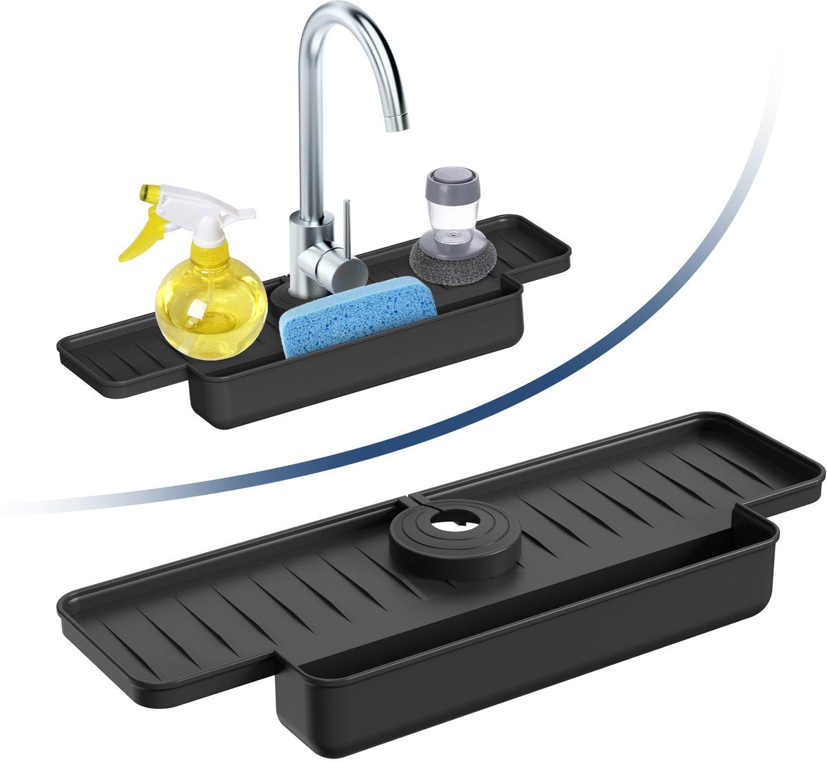 Silicone tap mat with sponge holder - tap drain mat - sink organizer - drain mat - BLACK - For kitchen, bathroom, countertop, worktop - 40 cm