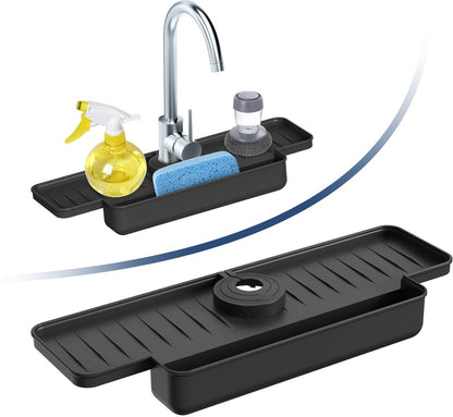 Silicone tap mat with sponge holder - tap drain mat - sink organizer - drain mat - BLACK - For kitchen, bathroom, countertop, worktop - 40 cm
