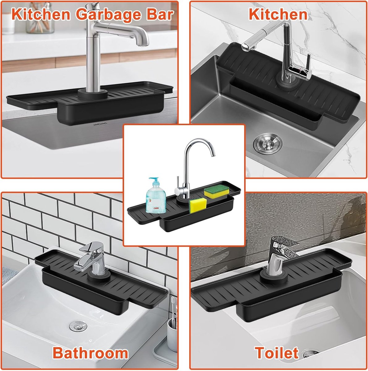 Silicone tap mat with sponge holder - tap drain mat - sink organizer - drain mat - BLACK - For kitchen, bathroom, countertop, worktop - 40 cm