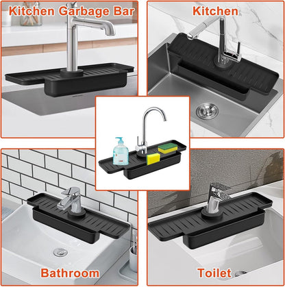 Silicone tap mat with sponge holder - tap drain mat - sink organizer - drain mat - BLACK - For kitchen, bathroom, countertop, worktop - 40 cm