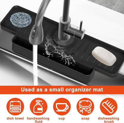 Silicone tap mat with sponge holder - tap drain mat - sink organizer - drain mat - BLACK - For kitchen, bathroom, countertop, worktop - 40 cm
