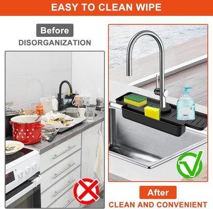 Silicone tap mat with sponge holder - tap drain mat - sink organizer - drain mat - BLACK - For kitchen, bathroom, countertop, worktop - 40 cm