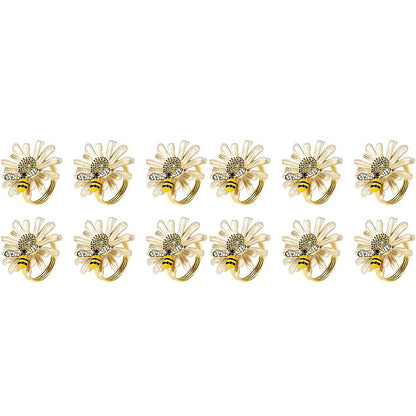 Set of 12 Daisies and Sunflowers Napkin Rings, Gold Napkin Ring Holders with Bees for Formal or Casual Dining
