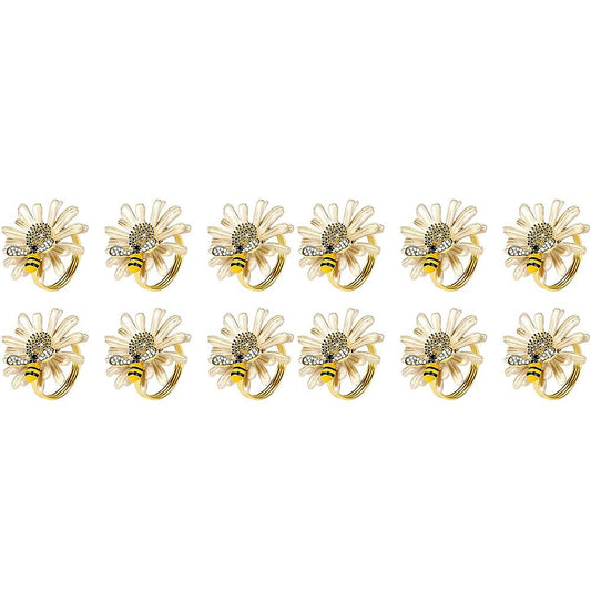Set of 12 Daisies and Sunflowers Napkin Rings, Gold Napkin Ring Holders with Bees for Formal or Casual Dining