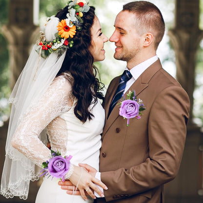 Purple Corsage and Boutonniere Set Handmade Artificial Flower Bride Wrist Corsage Bracelets Men Boutonniere Flowers Accessories Wristband for Wedding Prom Homecoming Party