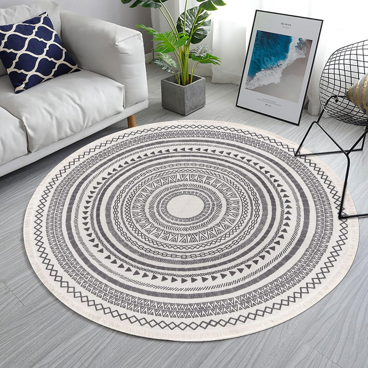 Moroccan Style Grey Round Woven Cotton Washable Absorbent Rug 120cm with Fringes