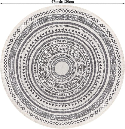 Moroccan Style Grey Round Woven Cotton Washable Absorbent Rug 120cm with Fringes