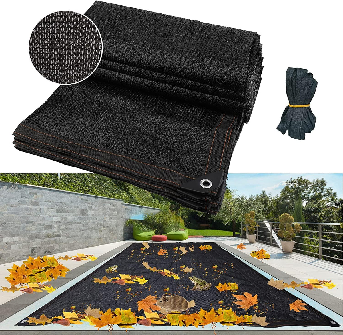 Leaf Net Pool Cover,Protective Mesh Cover with Reinforcement Edge and Rope,All-Weather Outdoor Cover for Inground and Above Ground Swimming Pools, Cuttable Rectangle Shape (12x24ft)