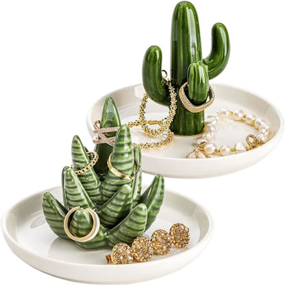 Two-Piece Jewelry Display Set - Aloe Vera and Cactus Ring Organizer Set - Ceramic - Jewelry Organizer - Bracelet, Earring, and Necklace Organizer with Leaf Decorations - Decorative Items