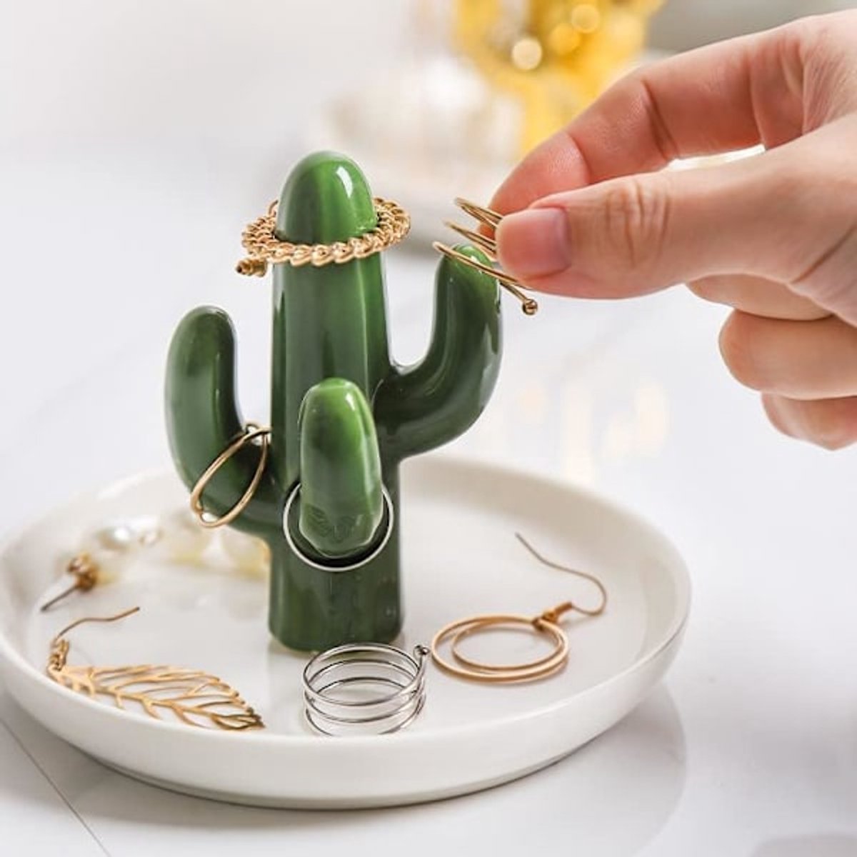 Two-Piece Jewelry Display Set - Aloe Vera and Cactus Ring Organizer Set - Ceramic - Jewelry Organizer - Bracelet, Earring, and Necklace Organizer with Leaf Decorations - Decorative Items